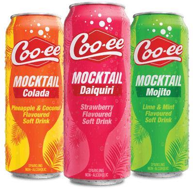 Coo-ee mocktail cans in colada, daiquiri, and mojito flavors, tropical soft drinks with pineapple, strawberry, and lime