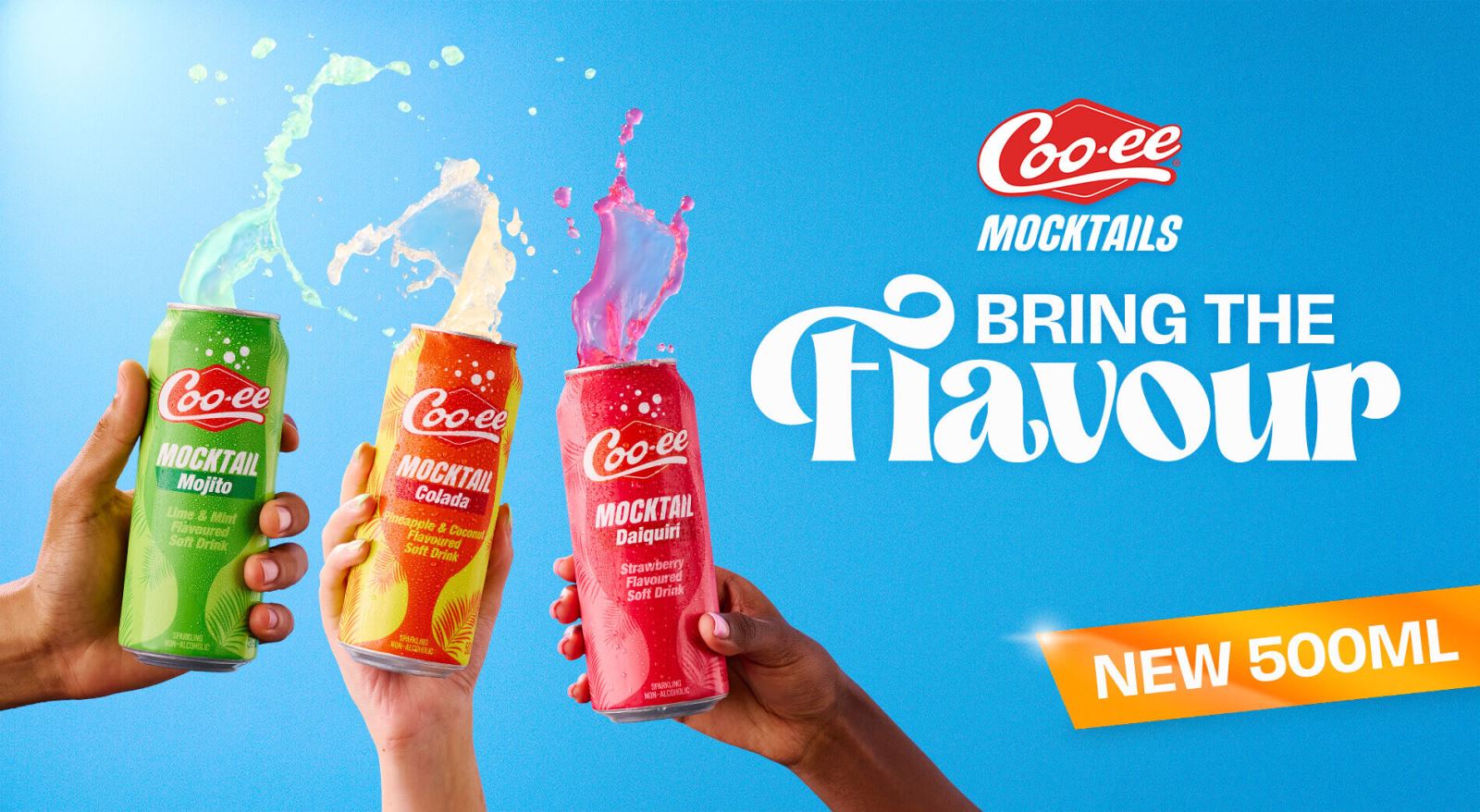 Coo-ee mocktails cans campaign with mojito, colada, and daiquiri flavors, refreshing soft drinks with vibrant splash visuals